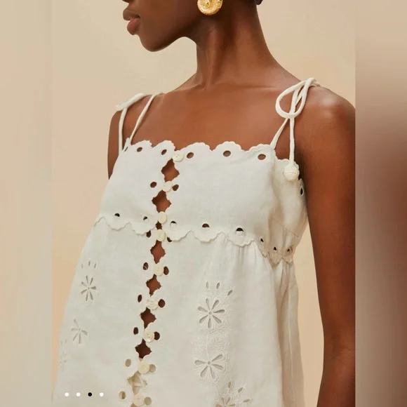 Farm Rio Off-White Flowers Richelieu Euroflax™ Premium Linen Blouse Size Small - Picture 2 of 6